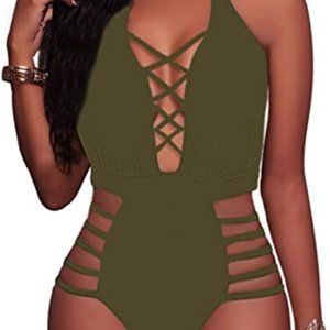 Sexy Plunge  Army Green One Piece Swim Suit